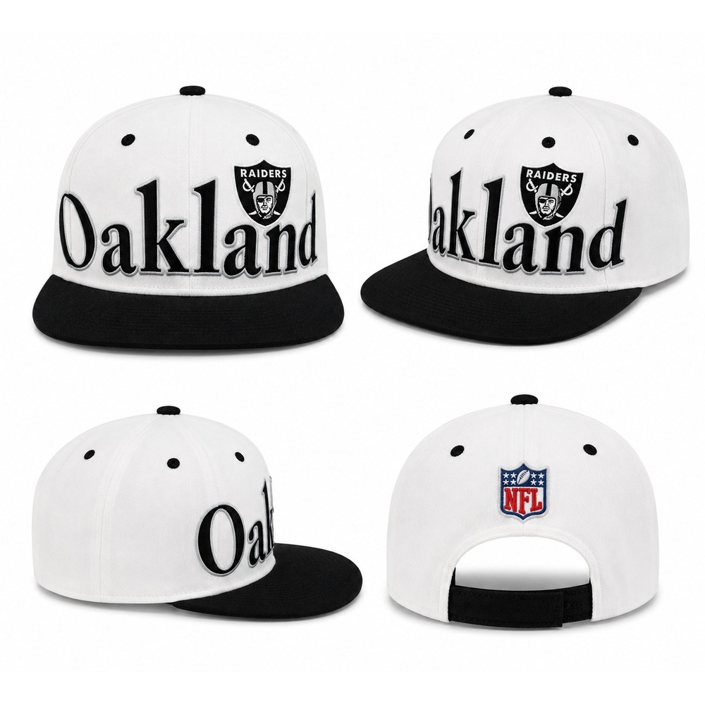 Reebok‎ Oakland Raiders NFL Snapback Hat White Black Flat Brim Cap Mens OSFA